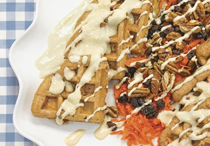 Carrot Cake Waffles with Maple Cream Cheese Drizzle