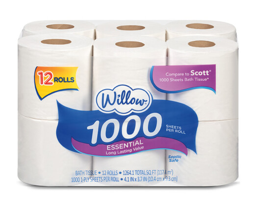 12 Roll 1000 Sheet Toilet Paper - Willow