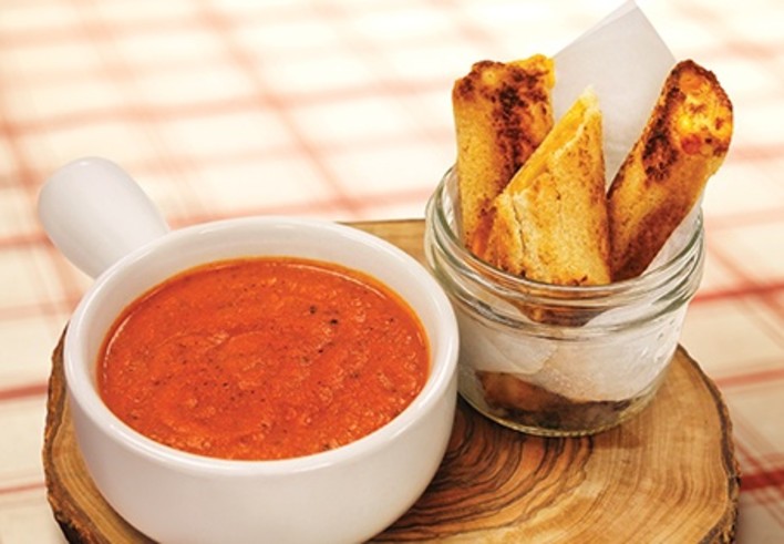 Grilled Cheese Dippers with Roasted Red Pepper Tomato Soup