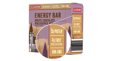 Elevation energy bar box showing 9g of protein, 4g of fiber and non-GMO.