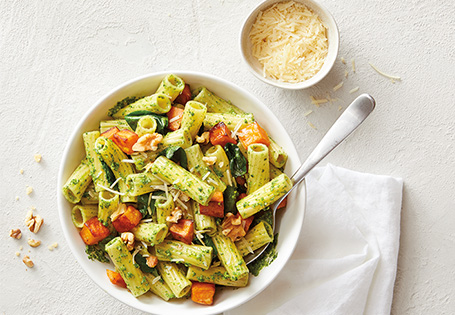 Sage Pesto Pasta with Sweet Potatoes and Parmesan