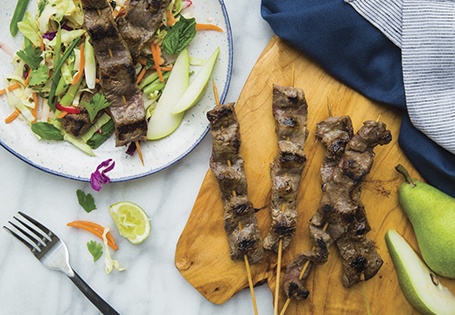 Grilled Strip Steak Skewers with Pear Slaw