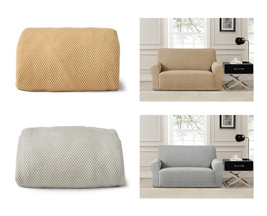 Huntington Home Snugfit Loveseat or Armchair Cover Tan and Gray In Use