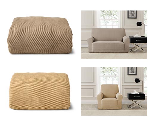 Huntington Home Snugfit Loveseat or Armchair Cover Tan and Brown In Use