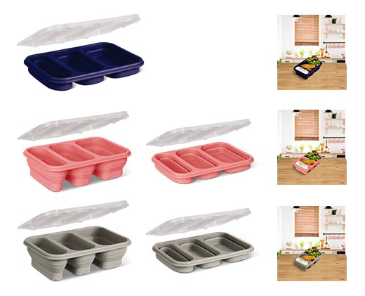 Crofton Portion Perfect Collapsible Meal Kit 3-Compartment Blue, Pink and Gray In Use