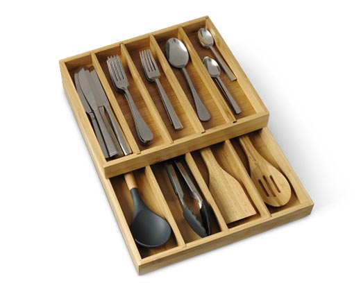 Huntington Home Bamboo Kitchen Drawer Organizer Utensil Tray In Use