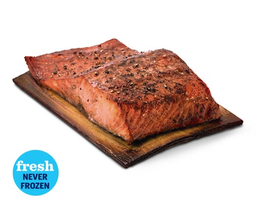 Fresh Never Frozen. Fresh Sweet &amp; Smoky Atlantic Salmon on a Cedar Plank